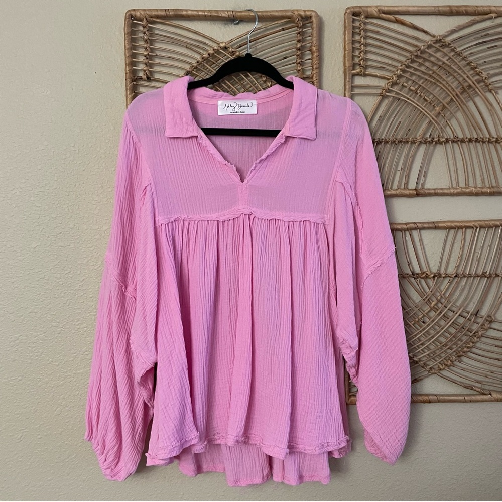 Ashley Danielle Apricot Lane Top Blouse Pink Cotton Gauze Boho Breezy Sz S B18‎